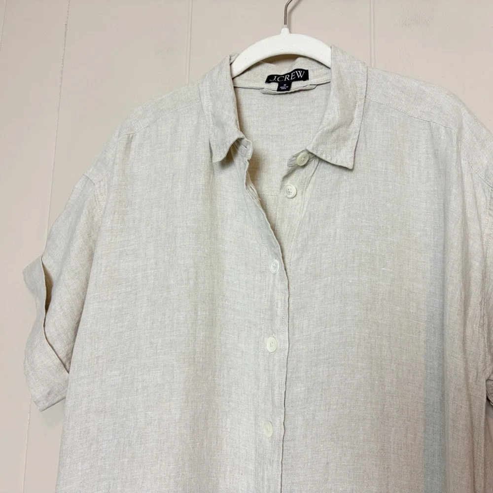 J. Crew 100% Linen Capitaine Shirt Dress M Short Sleeve Button Down Beige Tan